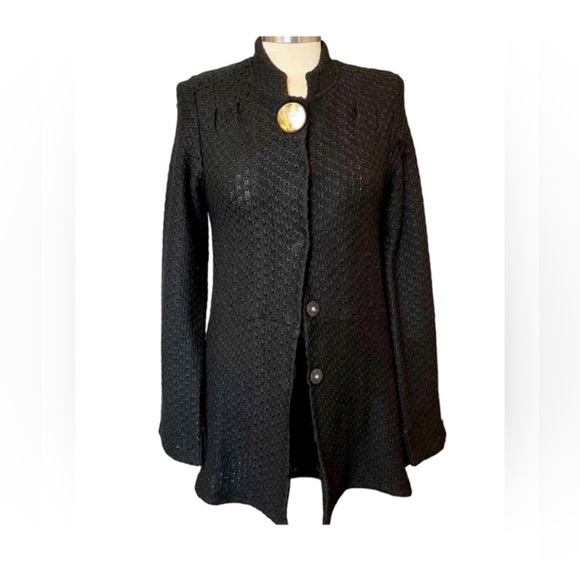 Anthropologie Cross Stitch Heart black Sweater Jacket Abalone shell Y2K Small - Picture 1 of 7